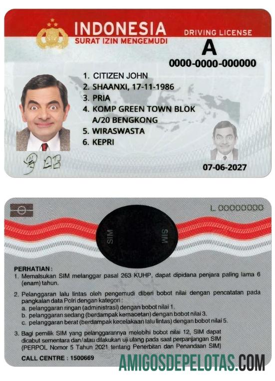 Carteira de motorista da Indonésia (2019 – presente) exemplo